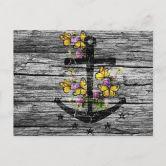 Vintage Wood & Black Anchor With Yellow Butterfly Postcard