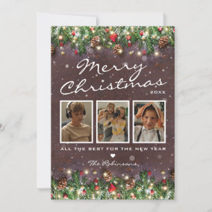 Vintage Wood Christmas 3 Photo Holiday Card