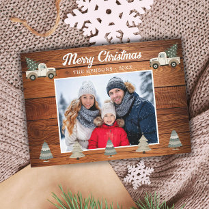 Vintage Wood Christmas Tree on Truck Family Photo Holiday Card