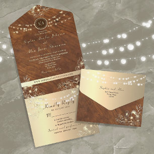 Vintage Wood Floral Lace Gold Wedding All In One Invitation