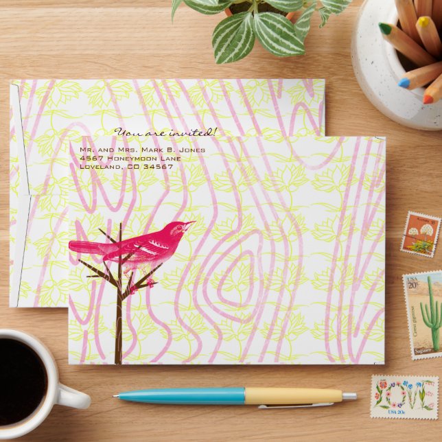 Vintage Wood Grain Raspberry Lemon Bird Envelope 2 (Desk)