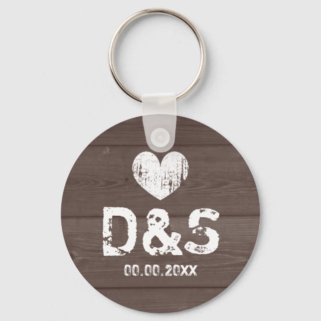 Vintage wood grain wedding party favour keychain (Front)
