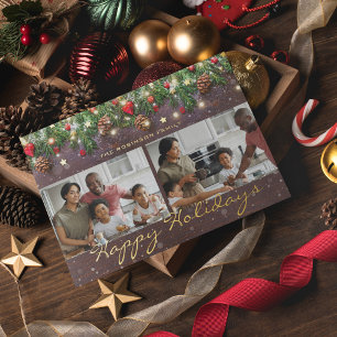 Vintage Wood Happy Holidays 2 Photo Foil Holiday Card