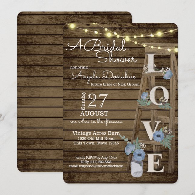 Vintage Wood Ladder Blue Bridal Shower Invitation (Front/Back)