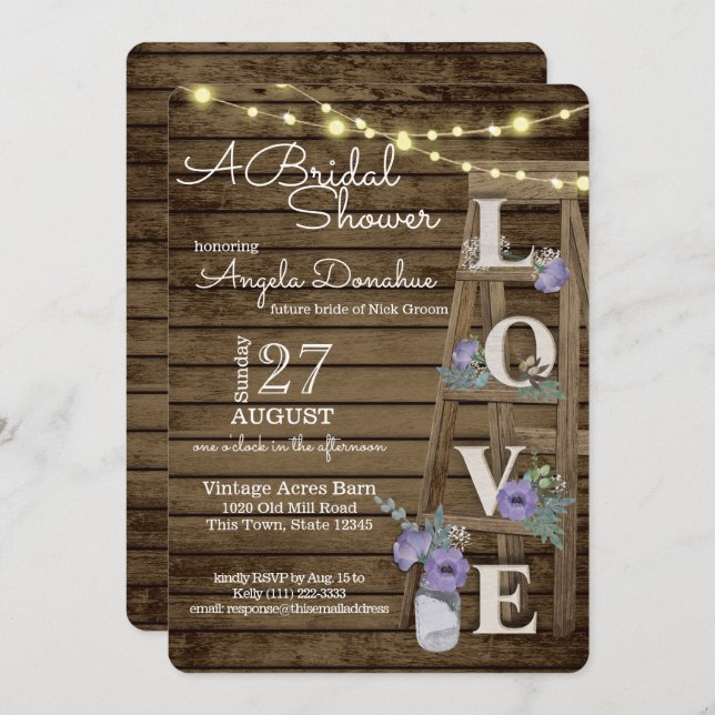 Vintage Wood Ladder Purple Bridal Shower Invitation (Front/Back)