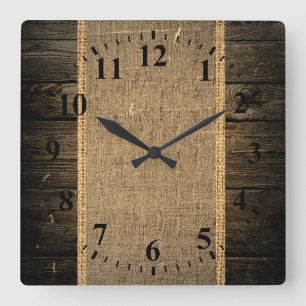 Vintage Wood Look Burlap Rustic Square Wall Clock