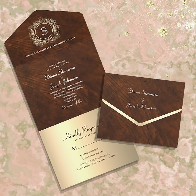 Vintage Wood Monogram Wedding All In One Invitation (Creator Uploaded)