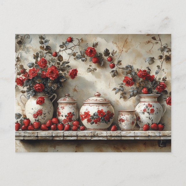 Vintage Wood Shelf Red  Roses Strawberries Postcard (Front)