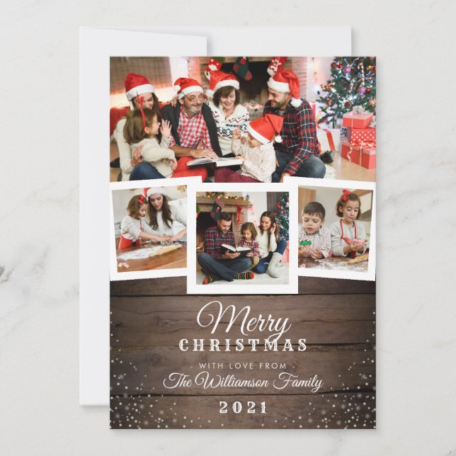 Vintage Wood & Snow | Holiday 4-Photo Card (Front)