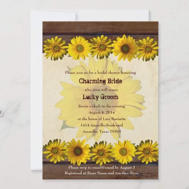 Vintage Wood Sunflowers Bridal Shower Invitation (Front)