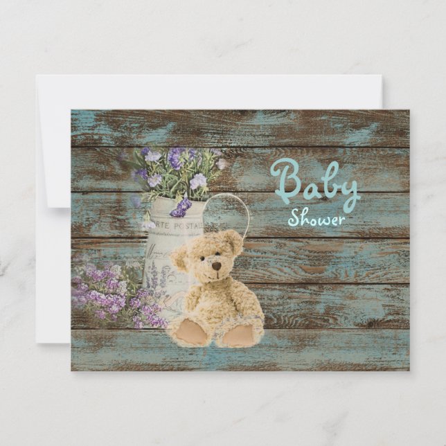 vintage wood teddy bear baby shower invitations (Front)
