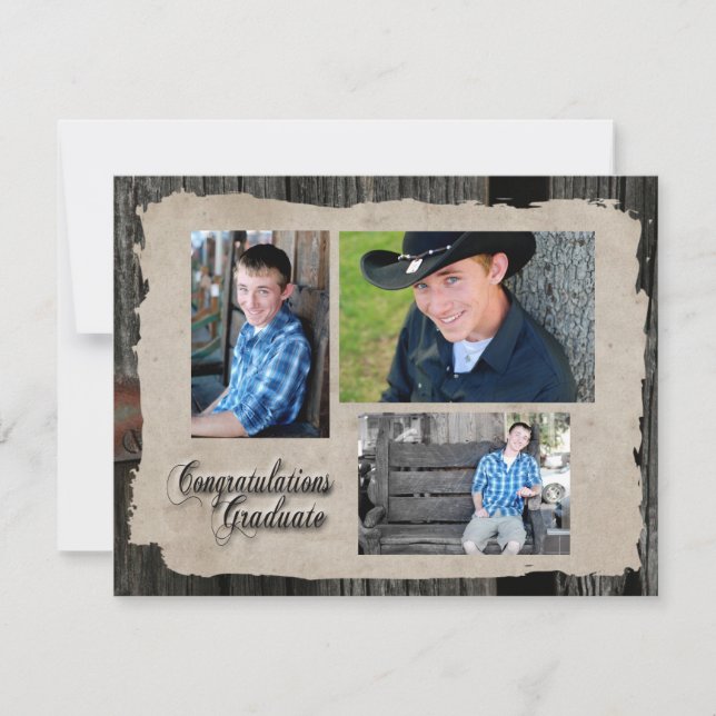Vintage Wood Three Photo Graduation Announcement (Front)