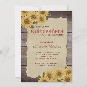 Vintage wood torn paper sunflower Quinceañera Invitation