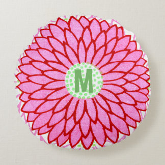 Vintage Woodblock Pink & Red Flower Blossoms Round Cushion