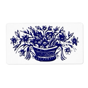 Vintage Woodcut Blue Flowers Label