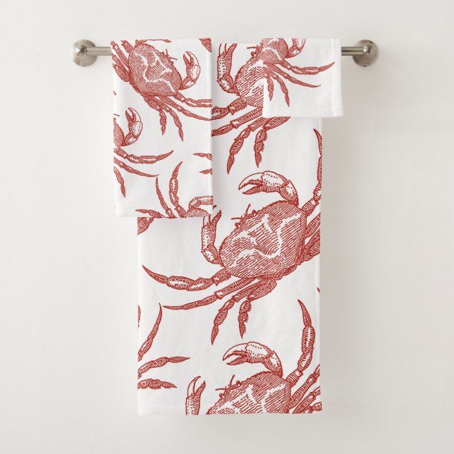 Vintage Woodcut Red Crab Bath Towel Set (Insitu)