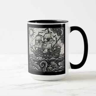 Vintage Woodcut Tall Ship & Sea Monster Mug