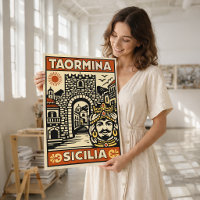 Vintage Woodcut Taormina Sicily Poster