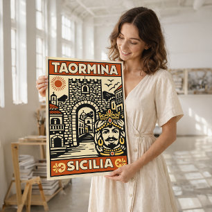Vintage Woodcut Taormina Sicily Poster 
