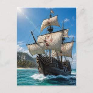 Vintage Wooden Caravel Sailing Ship Postcard