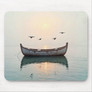 Vintage Wooden Rowboat On Calm Water Mouse Mat