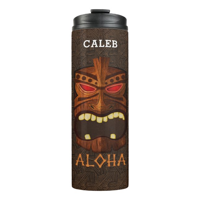 Vintage Wooden Tiki Mask Custom Name Thermal Tumbler (Front)