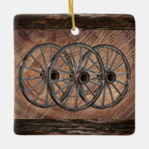 Vintage Wooden Wagon Wheels Ceramic Ornament