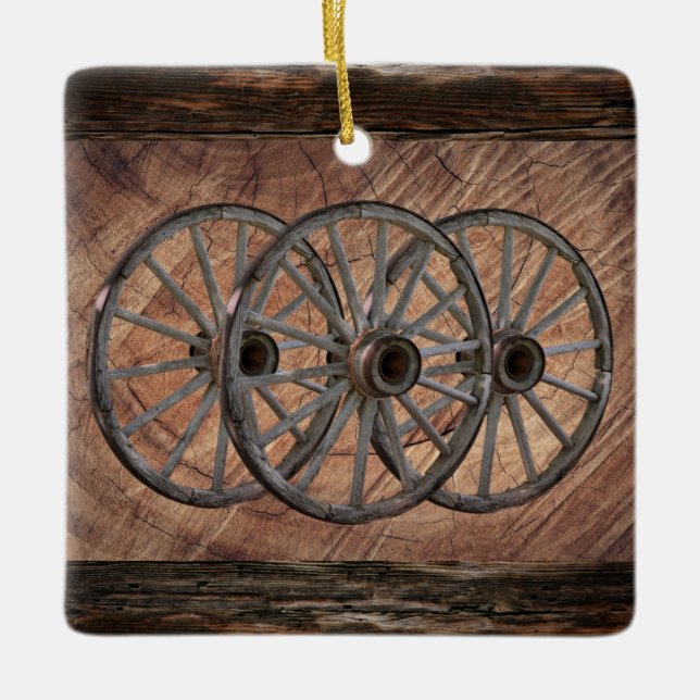 Vintage Wooden Wagon Wheels Ceramic Ornament (Front)