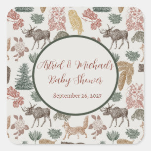Vintage Woodland Animal Favour-Bears,Moose &Floral Square Sticker