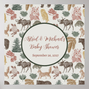 Vintage Woodland Animals Baby Shower- Bears, Foxes Poster