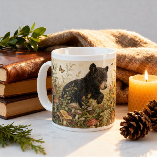 Vintage Woodland Black Bear Cub Cottagecore Large Coffee Mug