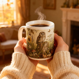 Vintage Woodland Botanical Owl Cottagecore Large Coffee Mug