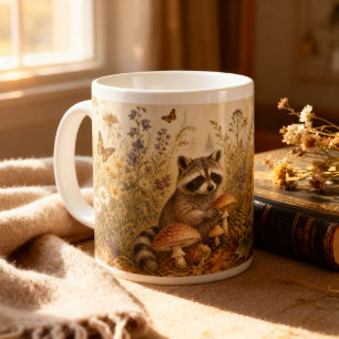 Vintage Woodland Botanical Racoon Cottagecore Large Coffee Mug