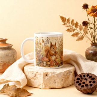 Vintage Woodland Botanical Squirrel Cottagecore Large Coffee Mug
