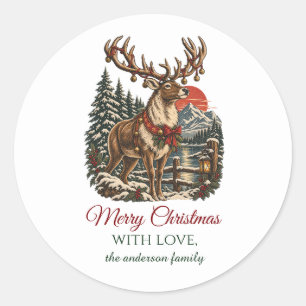 Vintage Woodland Christmas Deer Personalised Classic Round Sticker