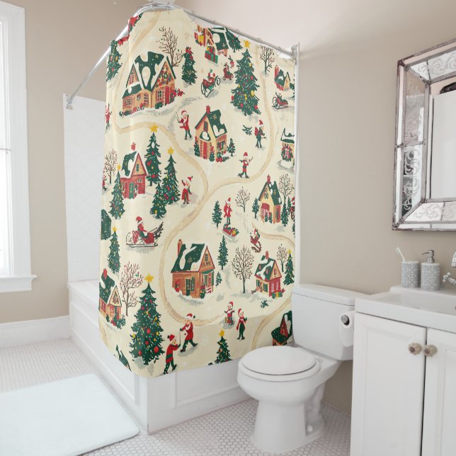 Vintage Woodland Christmas Pattern (18) Shower Curtain (In Situ)