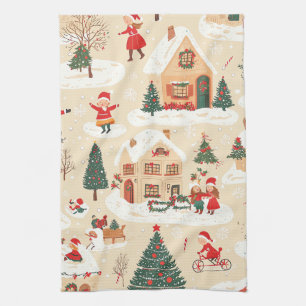 Vintage Woodland Christmas Pattern (19) Tea Towel