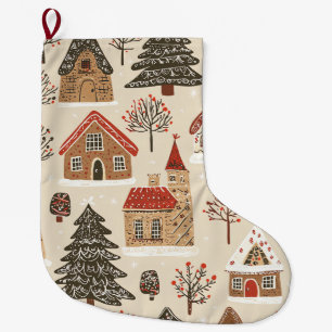 Vintage Woodland Christmas Pattern (4) Large Christmas Stocking