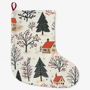 Vintage Woodland Christmas Pattern (7) Large Christmas Stocking