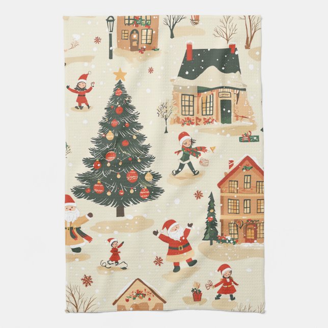 Vintage Woodland Christmas Pattern (8) Tea Towel (Vertical)