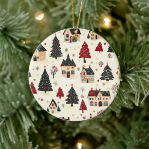 Vintage Woodland Christmas Pattern (9) Ceramic Tree Decoration
