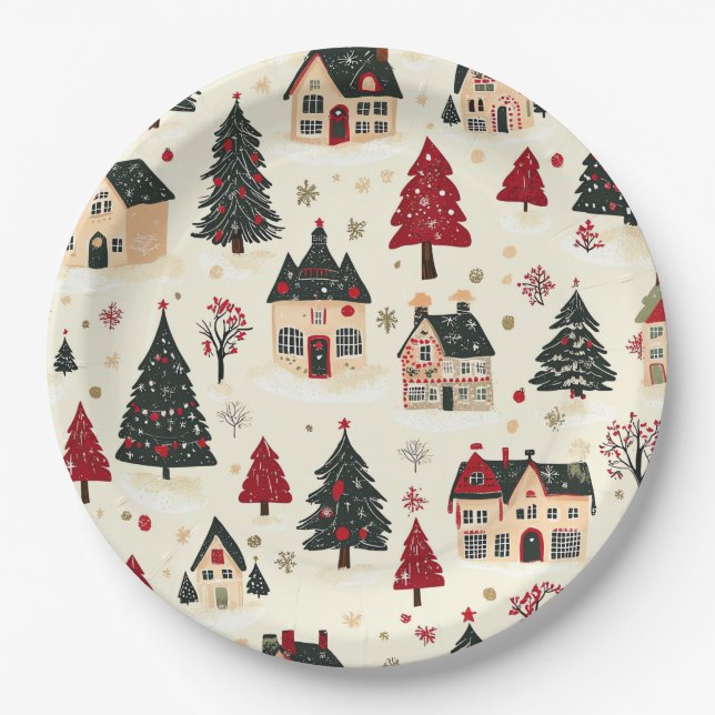 Vintage Woodland Christmas Pattern (9) Paper Plate (Front)