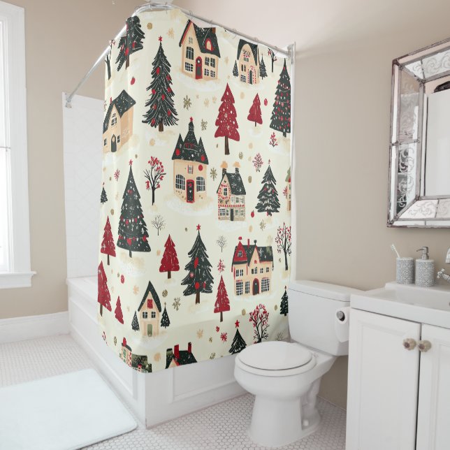 Vintage Woodland Christmas Pattern (9) Shower Curtain (In Situ)