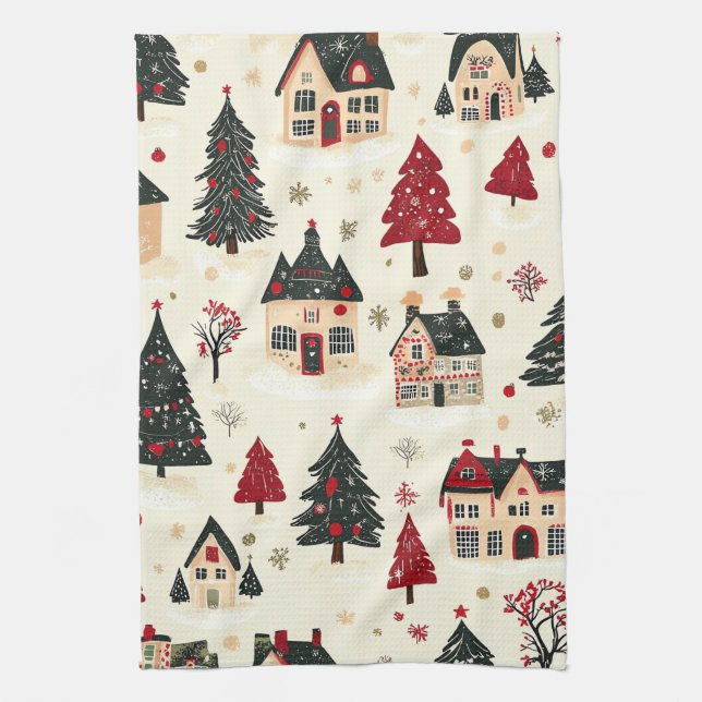 Vintage Woodland Christmas Pattern (9) Tea Towel (Vertical)