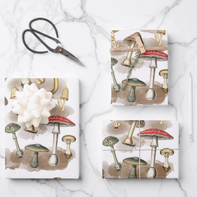 Vintage Woodland Forest Mushrooms Wrapping Paper Sheet (Front)