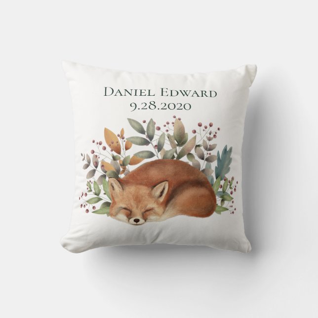 Vintage Woodland Fox Birth Announcement Throw Pill Cushion (Front)