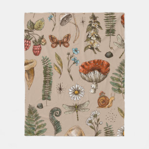 Vintage woodland nature seamless pattern. Amanita Fleece Blanket