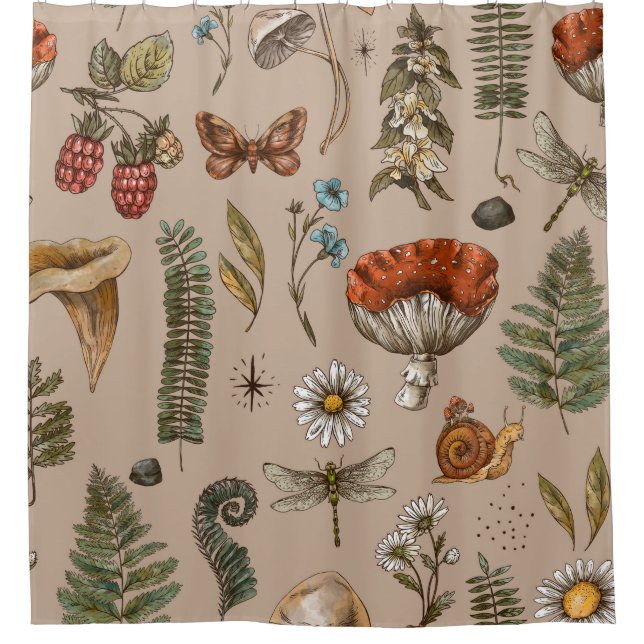 Vintage woodland nature seamless pattern. Amanita  Shower Curtain (Front)