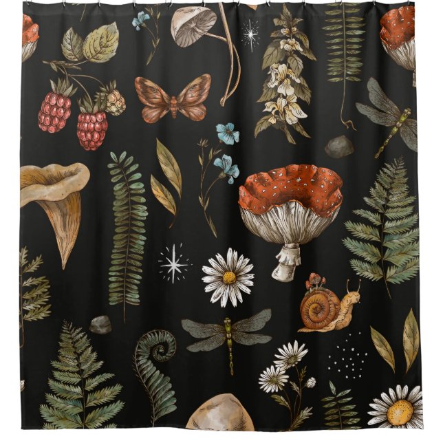 Vintage woodland nature seamless pattern. Amanita  Shower Curtain (Front)