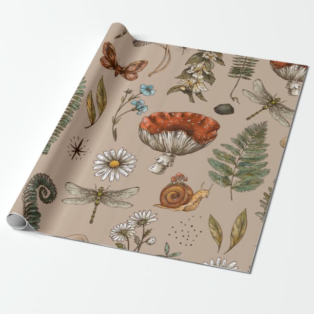 Vintage woodland nature seamless pattern. Amanita  Wrapping Paper (Unrolled)
